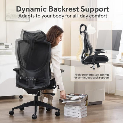 Nouhaus Apertura Ergonomic Office Chair, Home Office Desk Chairs w/Adjustable Lumbar Support & Headrest, Dynamic Back Support, 3D Armrests, High Back Mesh Comfy Computer Chair for Long Hours (Black)