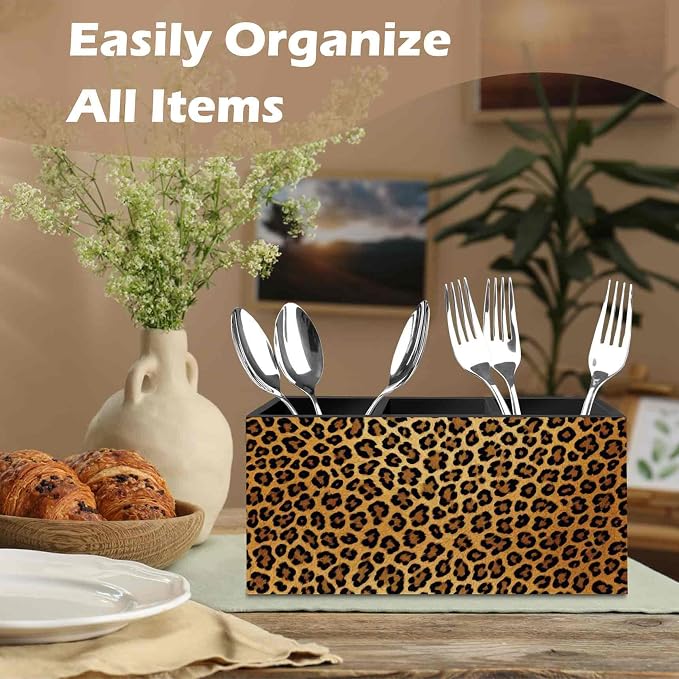 DILSJ Trendy Retro Leopard Pen Pencil Holder Organizer for Desk, Cheetah Print Room Decor, Golden Cheetah Print Office Supplies Wooden Box Signs for Women Office Desk Tabletop Decoration
