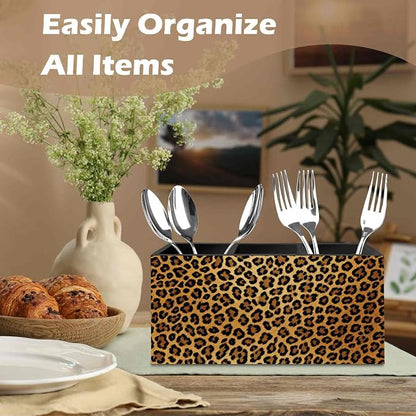 DILSJ Trendy Retro Leopard Pen Pencil Holder Organizer for Desk, Cheetah Print Room Decor, Golden Cheetah Print Office Supplies Wooden Box Signs for Women Office Desk Tabletop Decoration