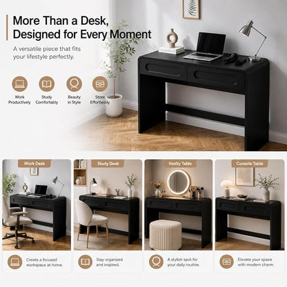 Writing Desk with 2 Drawers, Home Office Computer Desk for Small Spaces | Black Study Desk for Bedroom, Compact Workstation Table, Vanity Desk for Apartment and Dorm Room