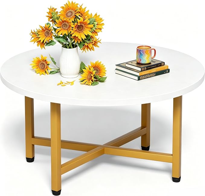Coffee Table, 23.6" Small Coffee Tables, Gray Round Coffee Tables for Living Room, Floor Table for Sitting on The Floor, Center Coffee Table with Metal Frame for Office Apartment Home, Gold