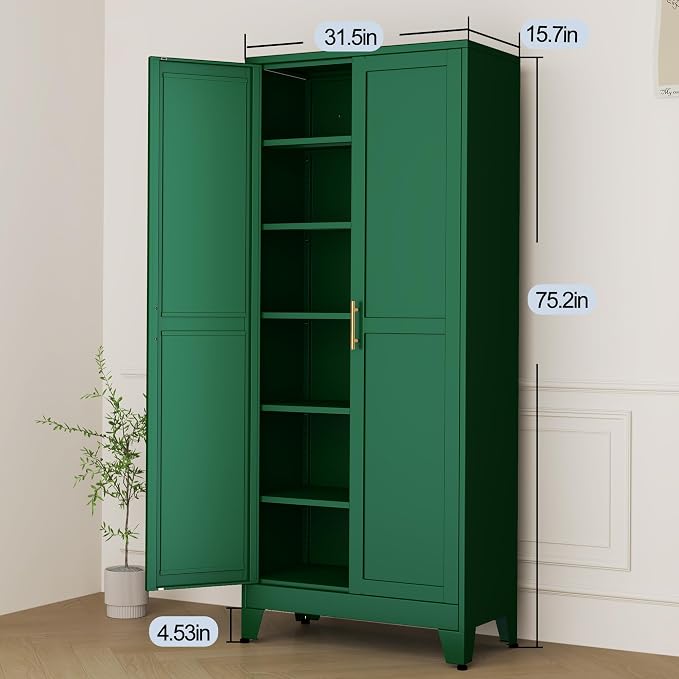 Green Metal Storage Cabinet,75" Steel Cabinets for Home Office, Kitchen Pantry Storage Cabinet with Doors and 5 Adjustable Shelves, Tool Cabinets, for Office, Home, Garage, School