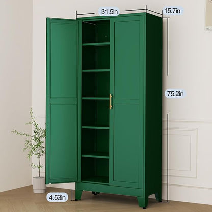 Green Metal Storage Cabinet,75" Steel Cabinets for Home Office, Kitchen Pantry Storage Cabinet with Doors and 5 Adjustable Shelves, Tool Cabinets, for Office, Home, Garage, School