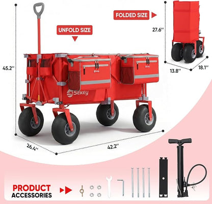 Sekey Heavy Duty Beach Wagon with 9" Big Sand-Proof Wheels, 300L Oversized Foldable Beach Cart with Cooler| Adjustable Handle & Balloon Tires for Sand, Camping,Vacation