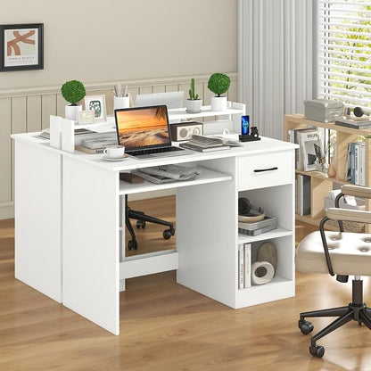 GOFLAME White Computer Desk with Charging Station, Type C Port, Modern Writing Desk with Drawer, Removable & Adjustable Shelf, Keyboard Tray, Home Office Laptop Desk with Hutch, for Bedroom, Study