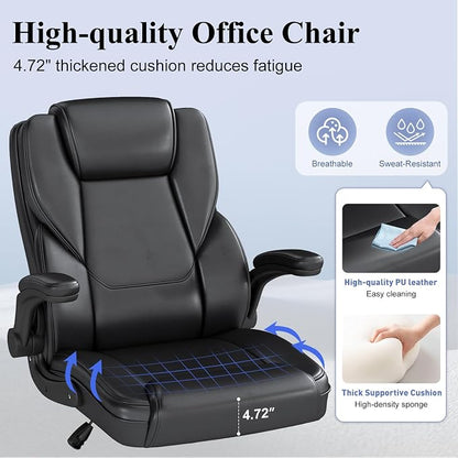 Ergonomic Executive Office Chair, Mid Back PU Leather Computer Desk Chair with Flip-Up Armrests, Lumbar Support, Adjustable Height and Rocking Function, Black