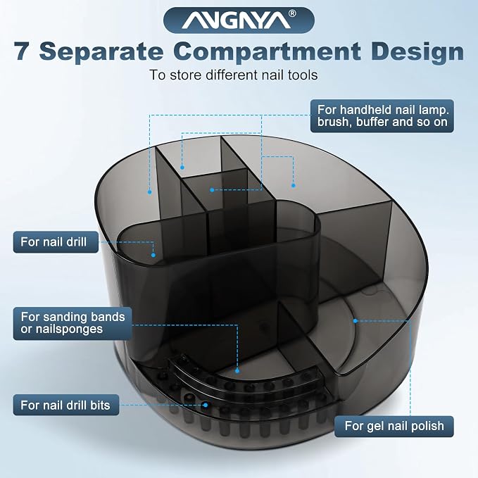 ANGNYA Nail Drill Holder with 7 Compartments & 18 Holes Nail Drill Bit Holder, Professional Nail Desk Storage Organizer Box Case for Nail Station, Salon and Home Use