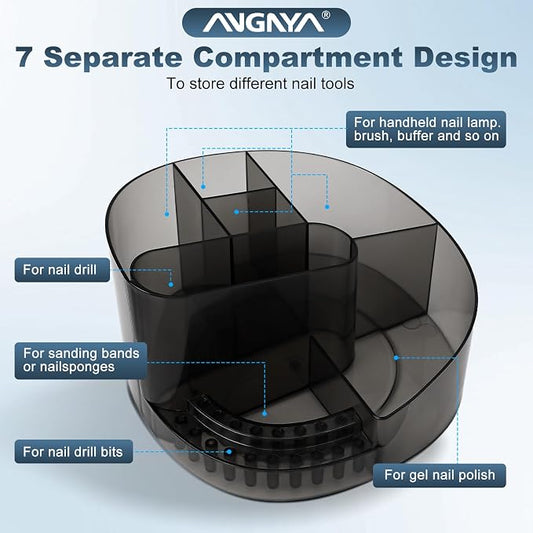 ANGNYA Nail Drill Holder with 7 Compartments & 18 Holes Nail Drill Bit Holder, Professional Nail Desk Storage Organizer Box Case for Nail Station, Salon and Home Use
