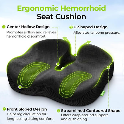 AUVON Ergonomic Donut Pillow Seat Cushion for Hemorrhoid & Tailbone Pain Relief, Thick Memory Foam Chair Cushion with Firm Support for Coccyx, Sciatica, Pressure Sores, Pregnancy, Postpartum Recovery
