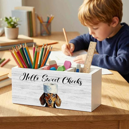 Funny Dachshund Dog Toothbrush Holders for Bathroom, Hello Sweet Cheeks Bathroom Decor, Weiner Dog Gifts Wooden Box Decorations for Washroom Restroom Toilet Desk Shelf Counter Decor