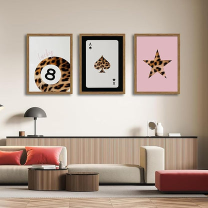 Pink and Black Leopard Wall Art, Lucky Girl 8 Ball Wall Decor Set of 3 Cheetah Lucky Star Poster Canvas Prints, Coquette Modern Teen Pictures for Bedroom Living Room 12x16 inch Framed