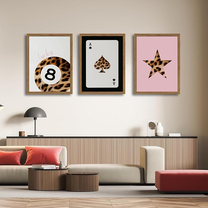 Pink and Black Leopard Wall Art, Lucky Girl 8 Ball Wall Decor Set of 3 Cheetah Lucky Star Poster Canvas Prints, Coquette Modern Teen Pictures for Bedroom Living Room 16x24 inch Framed