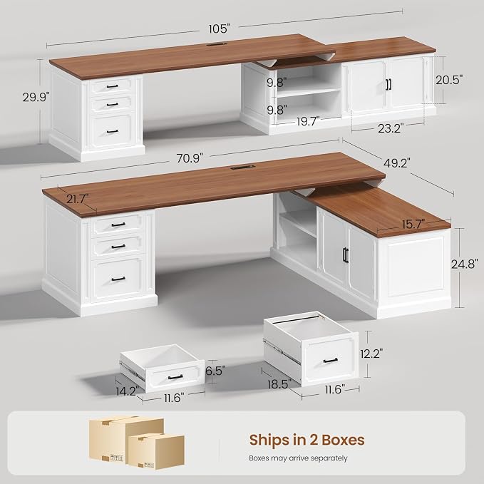 SEDETA Farmhouse L Shaped Desk with Drawers, 70.9" Home Office Desk with Storage Cabinet and Storage Shelves, L Shaped Computer Desk with Power Outlet，White+Brown