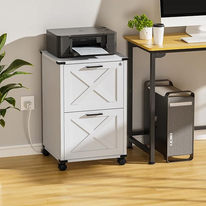 Onelike Small Wood File Cabinet with Lock, Nightstand with Charging Station, 2 Drawer Under Desk Lateral Filing Cabinets for Home Office, Printer Stand with Storage, White