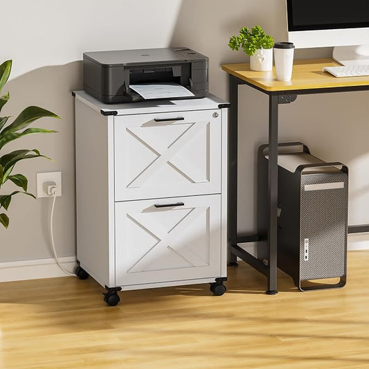 Onelike Small Wood File Cabinet with Lock, Nightstand with Charging Station, 2 Drawer Under Desk Lateral Filing Cabinets for Home Office, Printer Stand with Storage, White