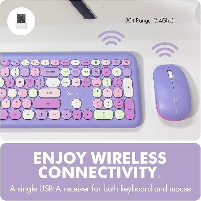 X9 Retro Wireless Keyboard and Mouse Combo - 2.4G Colorful Purple Keyboard and Mouse Wireless - Cute and Aesthetic Typewriter Combo for PC Computer Desktop and Laptop - Full Size