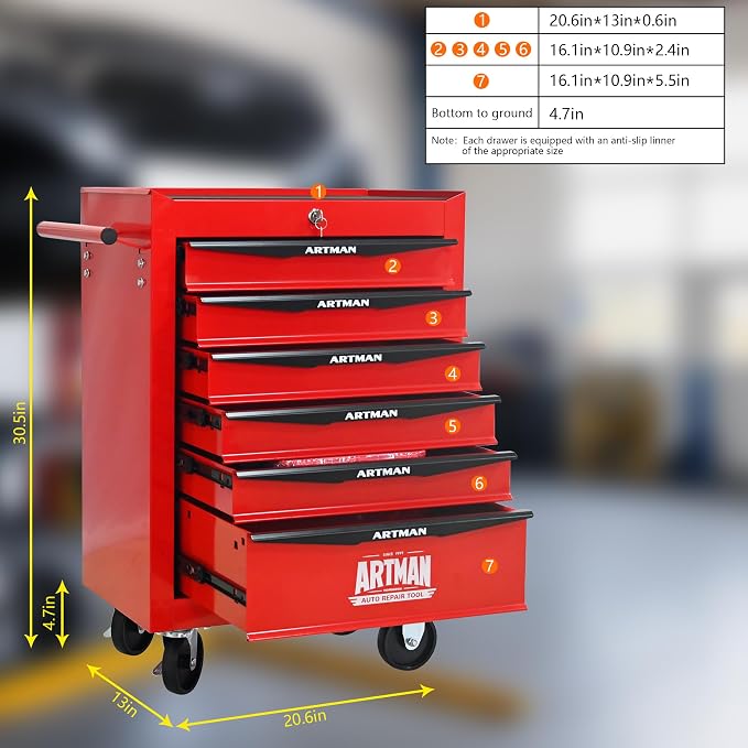 RYH 6 Drawers Rolling Tool Chest - Heavy Duty Mobile Tool Cart with Locking Wheels & Ball Bearing Drawers, 30.5" H x 20.9" W x 13" D Garage Tool Storage Cabinet (Red, 6 Drawers)