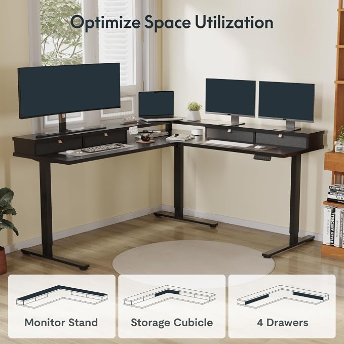 SANODESK 63" L Shaped Standing Desk with 3 Drawers, Height Adjustable Stand up Desk, Corner Gaming Desk with Monitor Stand, Black Frame/Black Top