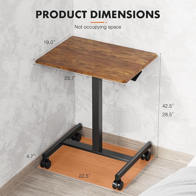 Sweetcrispy Mobile Rolling Desk with Lockable Wheels, Small Standing Laptop Desks, Sit Stand Adjustable Height Table Portable, Computer Workstations for Home Office, Brown
