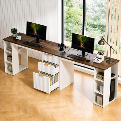NORTHSKY 96.5" 2 Person Desk with Power Outlet & USB Ports, Double Computer Desk with Drawers & Storage Shelves, Modern Fluted Home Office Desk, White
