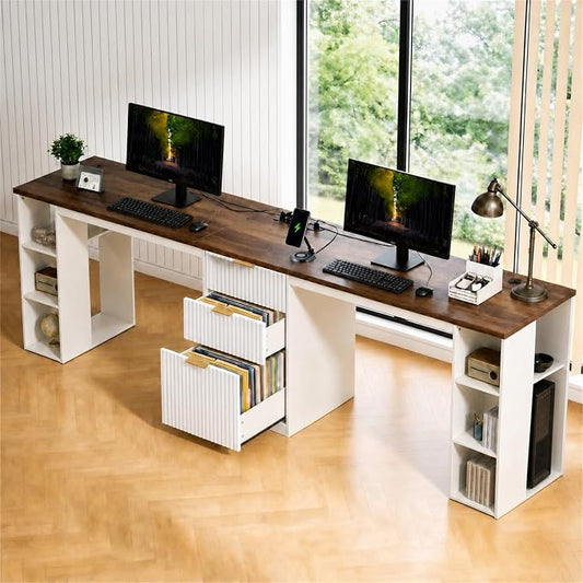 NORTHSKY 96.5" 2 Person Desk with Power Outlet & USB Ports, Double Computer Desk with Drawers & Storage Shelves, Modern Fluted Home Office Desk, White