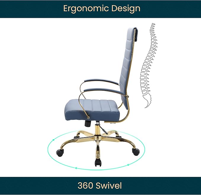 LeisureMod Modern High-Back Leather Office Chair - Swivel & Adjustable Executive Desk Chair with Gold Frame, Ergonomic Design for Home & Office (BOTG19BUL, Single)