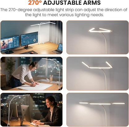 LED Desk Lamp for Office Home, Adjustable 3 Head Computer Monitor Light with Clamp, Eye Caring Clip on Desk Light Stepless Dimming, Auto-off Timer Architect Desk Lamp for Reading Study Workbench White