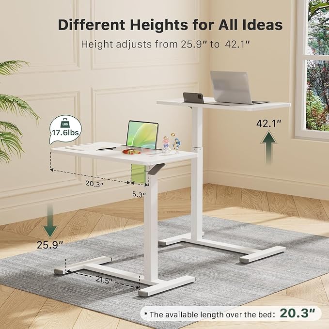 Gibbon Mounts Mobile Standing Desk, Pneumatic Adjustable Rolling Desk(27.5 Inches), Portable Laptop Desk with Wheels, Overbed Bedside Table Laptop Table for Couch, Home, Office, White