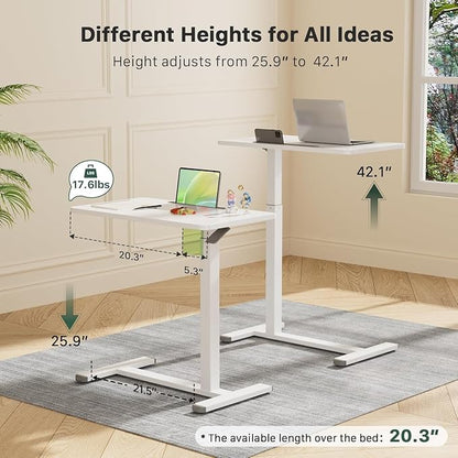 Gibbon Mounts Mobile Standing Desk, Pneumatic Adjustable Rolling Desk(27.5 Inches), Portable Laptop Desk with Wheels, Overbed Bedside Table Laptop Table for Couch, Home, Office, White