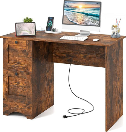 Giantex Computer Desk with 2 Drawers, 43” Wooden Home Office Desk with Charging Station, Compact Study Writing Desk, Modern Laptop PC Desk Workstation for Bedroom, Living Room (Rustic Brown)