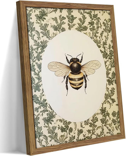 Framed Vintage Bee Wall Art, Cottagecore Floral Botanical Decor, Rustic Garden Insect Pictures Poster, Oval Bumblebee Canvas Print Wall Decor for Bedroom Living Room 8x10 inch
