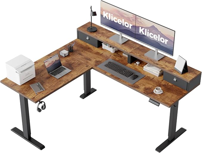 Klicelor L Shaped Electric Standing Desk 63 x 55.1 inch with Shelf, Height Adjustable Corner Desk, Sit Stand Desk with Storage Shelf, Home Office Computer Table, Rustic Brown