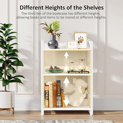 Hosfais Book Shelf Small Bookshelf - 3-Tier Wood Bookcase Industrial Bookshelf Metal Narrow Bookcase Storage Organizer Display Rack for Bedroom Living Room Home Office (White)