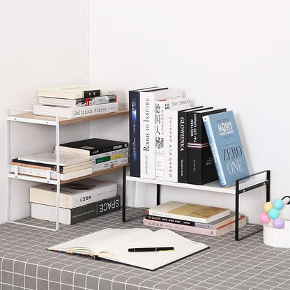 Desk Shelf Organizer for Top of Desk, Detachable 2 Tier Desktop Bookshelf, Wooden Desk Shelves Storage Rack, Small Desktop Shelf for Office Home Dorm, Tabletop Desk Organizer Stand (White+Black)