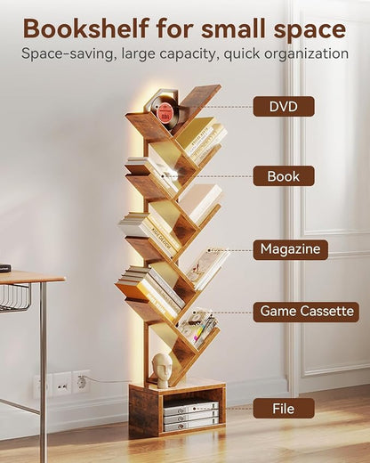 Casaottima Tree Bookshelf with LED Lights, 8-Tier Narrow Bookcase for Small Spaces, Tall Steel & Wood Storage Shelf with Cabinet, Home Decor & Organizer for Living Room/Bedroom/Home Office, Vintage