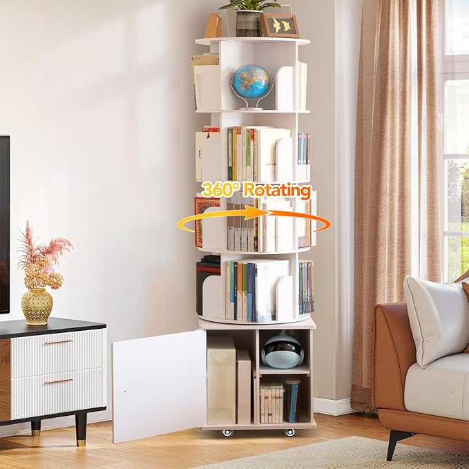 RUNSUNSPRI 6 Tier Rotating Bookshelf Spinning Bookshelf Tower 360° Revolving Bookcase with Storage Cabinet Corner Organizer Storage Round Carousel with Wheels, White