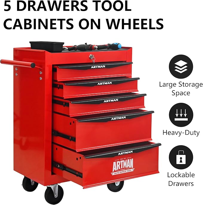 RYH 5 Drawers Rolling Tool Chest - Heavy Duty Mobile Tool Cart with Locking Wheels & Ball Bearing Drawers, ﻿30.5" H x 20.9" W x 13" D Garage Tool Storage Cabinet (Red, 5 Drawers)