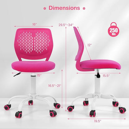 Giantex Kids Desk Chair, Adjustable Children Study Chair, Swivel Armless Mesh Task Office Chair, Computer Desk Chair with Adjustable Height & Lumbar Support, Rose