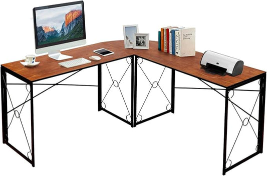 VECELO 59" L Shaped Computer Desk, Corner Computer Desk, Sturdy Home Office Computer Table for Small Space, Writing Desk, Larger Gaming Desk Workstation, Brown