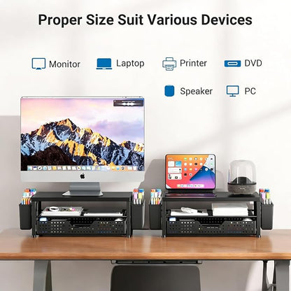 Monitor Riser, Laptop Stand for Desk, Office Desk Organizer and Accessories, Computer Monitor Stand, Desktop Shelf with Drawer and Pen Holder, Printer Stand for Home, Office, Dorm (Black)