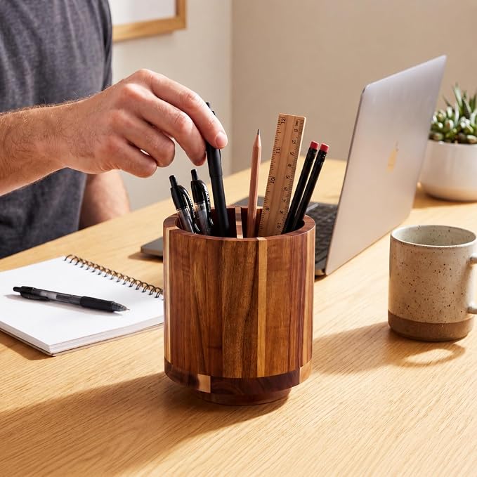 Fullhawl Wooden Rotating Pen Holder 360 Degree Spinning Desk Organizer with Removable Divider Large Pencil Cup for Pens Markers Scissors Art Supplies Office Study Home Desk Craft Room Storage