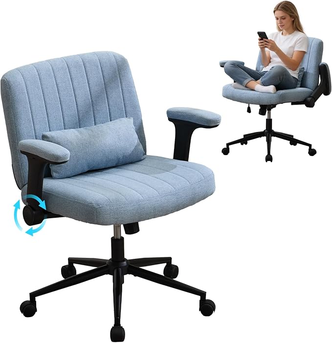 IPKIG Criss Cross Chair with Adjustable Flip-up Arms, Vanity Chair with Wheels, Comfy Desk Chair with Lumbar Pillow Swivel Wide Office Chair for Home Office, Bedroom, Linen, Blue