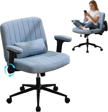 IPKIG Criss Cross Chair with Adjustable Flip-up Arms, Vanity Chair with Wheels, Comfy Desk Chair with Lumbar Pillow Swivel Wide Office Chair for Home Office, Bedroom, Linen, Blue