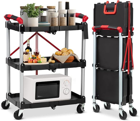 Folding Utility Service Cart, Collapsible Cart with Wheels, 3 Tier Rolling Utility Cart, Folding Cart with Wheels Collapsible, Service Cart for Tool, Grocery, Bar, Garage, Kitchen, Office