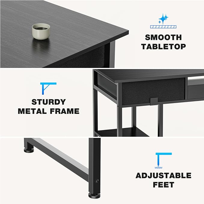 OLIXIS Computer Desk with 3 Drawers Study Writing Table with Storage Bag Headphone Hook Adjustable Feet for Home Office Small Spaces