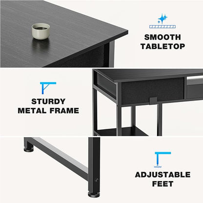 OLIXIS Computer Desk with 3 Drawers Study Writing Table with Storage Bag Headphone Hook Adjustable Feet for Home Office Small Spaces