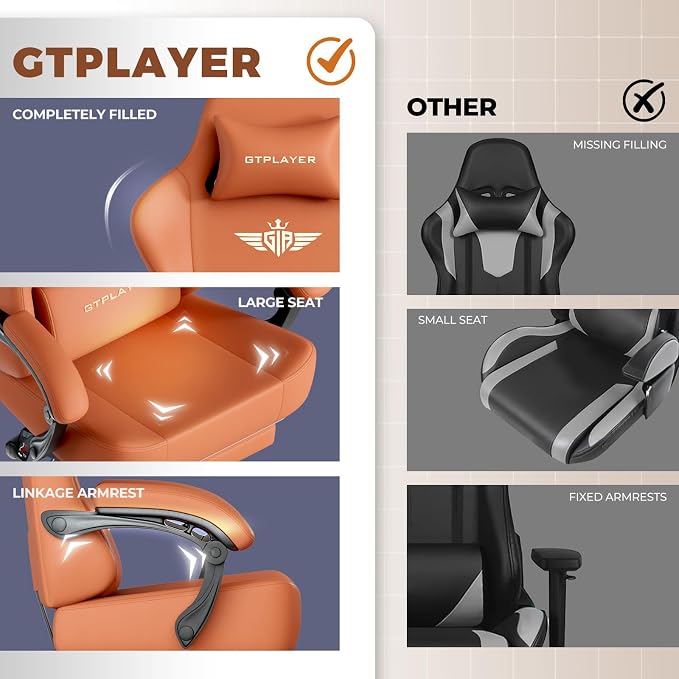 GTPLAYER Big and Tall Gaming Chair 400lbs Heavy Duty Office Chair with Footrest, High Back Pocket Spring Ergonomic Computer Chair for Adults, Wide Seated Cushion with Linkage Armrests,Leather Orange