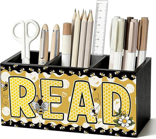 Bee Read Pen Pencil Holder for Classroom Desk Accessories Decor | Teacher Bee Classroom Accessories, Bee Pen Pencil Wooden Organizer Decorations for Kids Reading Corner Room Tabletop Desk