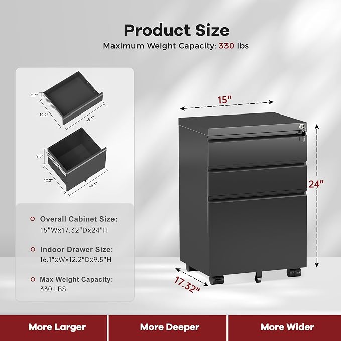 Bonusall 【Fully Assembled】 3 Drawer File Cabinet with Lock, Small Under Desk Filing Cabinet for Home Office, Fully Assembled Metal Rolling Storage Fits A4/Letter/Legal, Black
