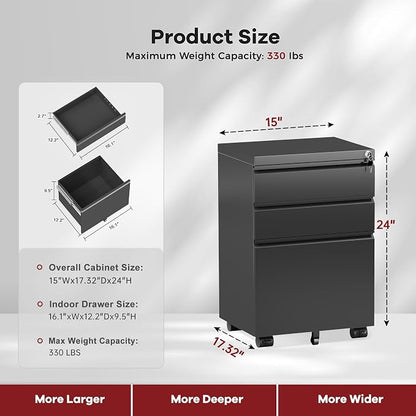 Bonusall 【Fully Assembled】 3 Drawer File Cabinet with Lock, Small Under Desk Filing Cabinet for Home Office, Fully Assembled Metal Rolling Storage Fits A4/Letter/Legal, Black